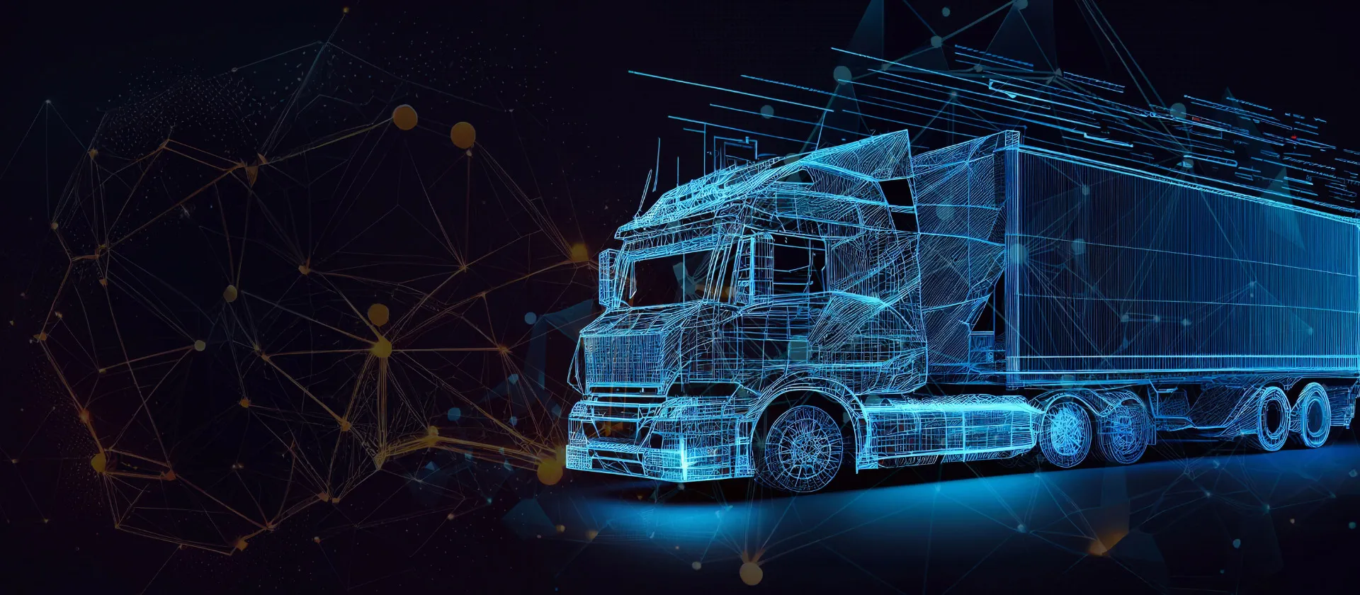 Futuristic wireframe truck with digital network connections, symbolizing AI-driven logistics and msg global's esculsive license agreement with Predict Scoring