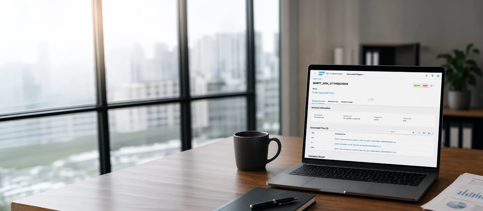 modern office with a laptop on desk showing msg Tax Return Engine tax reporting software
