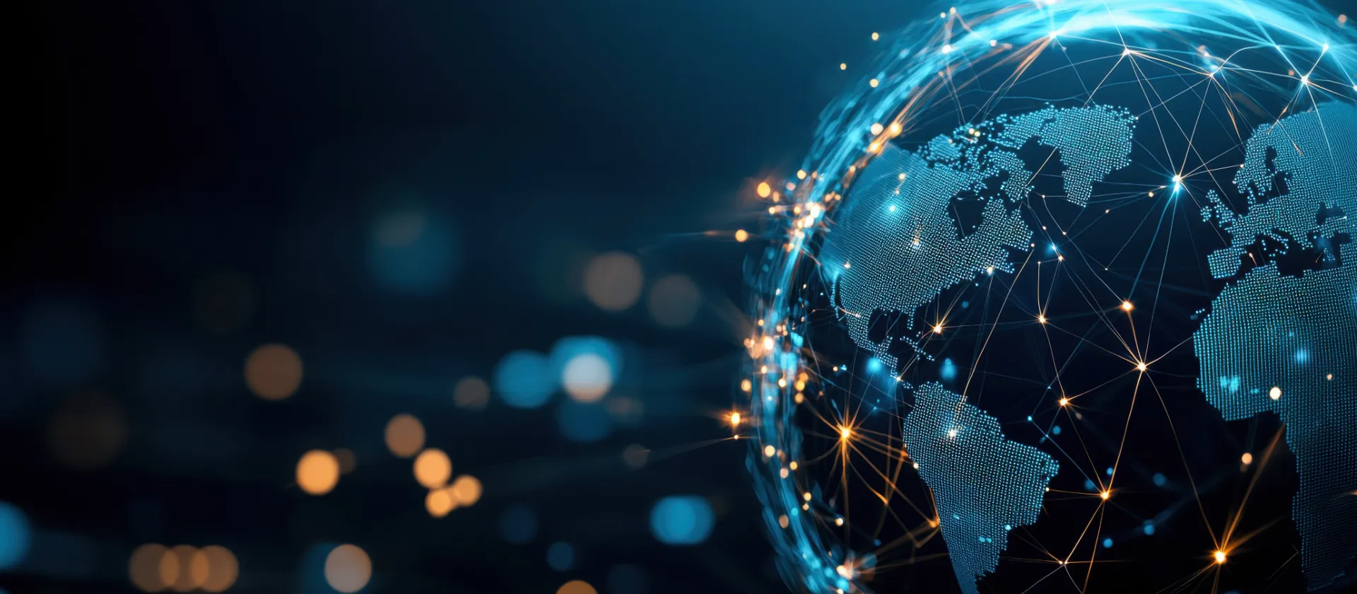 Digital globe showing connected continents with illuminated network lines symbolizing msg global's international business growth