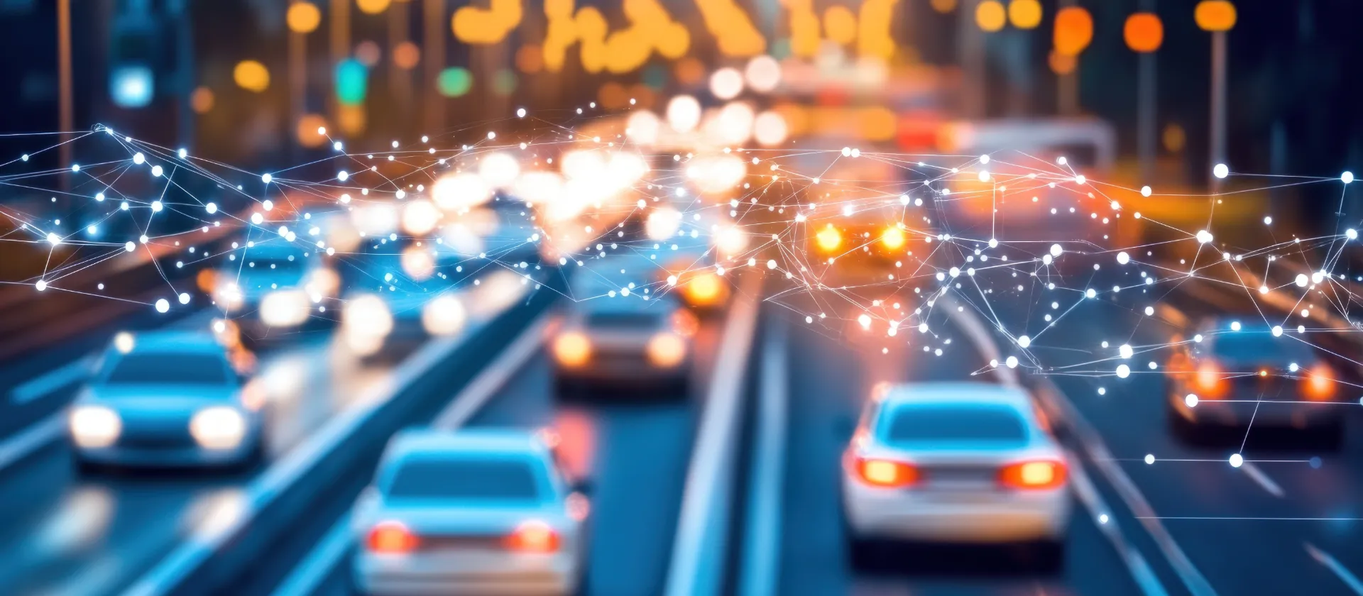 Abstract network overlay above moving cars on a city highway, symbolizing connected mobility and vehicle data exchange.