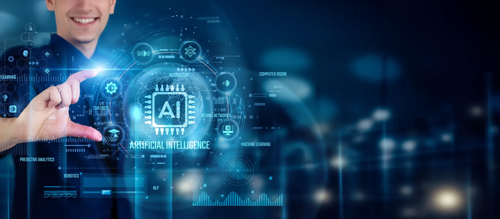 ai and advanced analytics image showing a man engaging with artificial intelligence on a screen