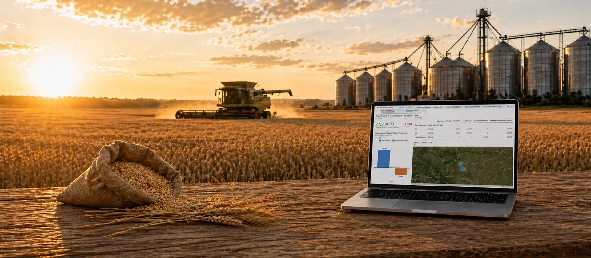 Laptop displaying SAP agricultural contract management dashboard in a grain field with silos and harvest equipment at sunset