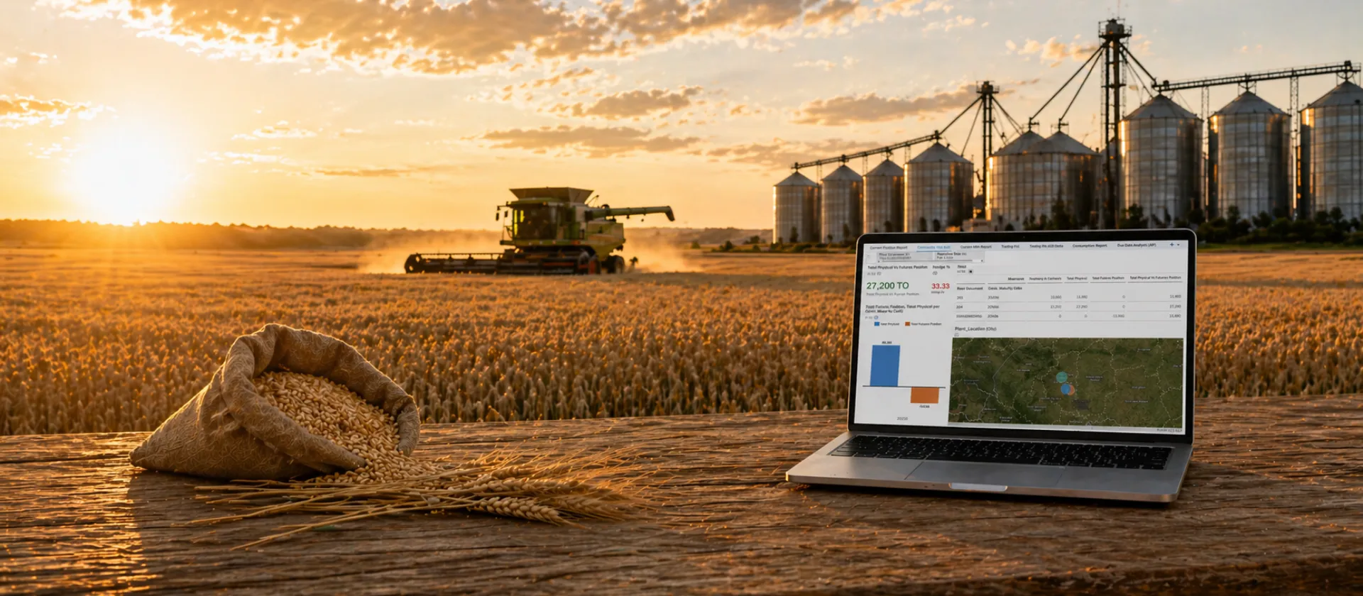 Laptop displaying SAP agricultural contract management dashboard in a grain field with silos and harvest equipment at sunset