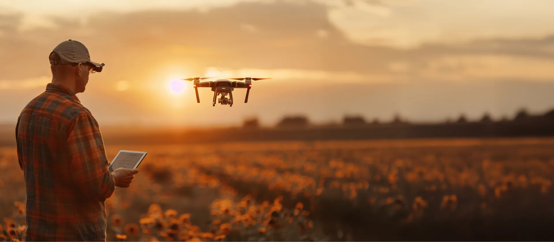 Farmer using a tablet to operate a drone over a crop field at sunset, illustrating smart farming and precision agriculture wit msg.agri for SAP Cloud ERP