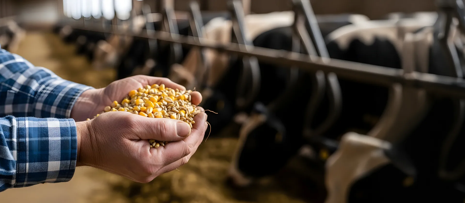 Hands holding corn kernels representing feed procurement and agricultural contract management