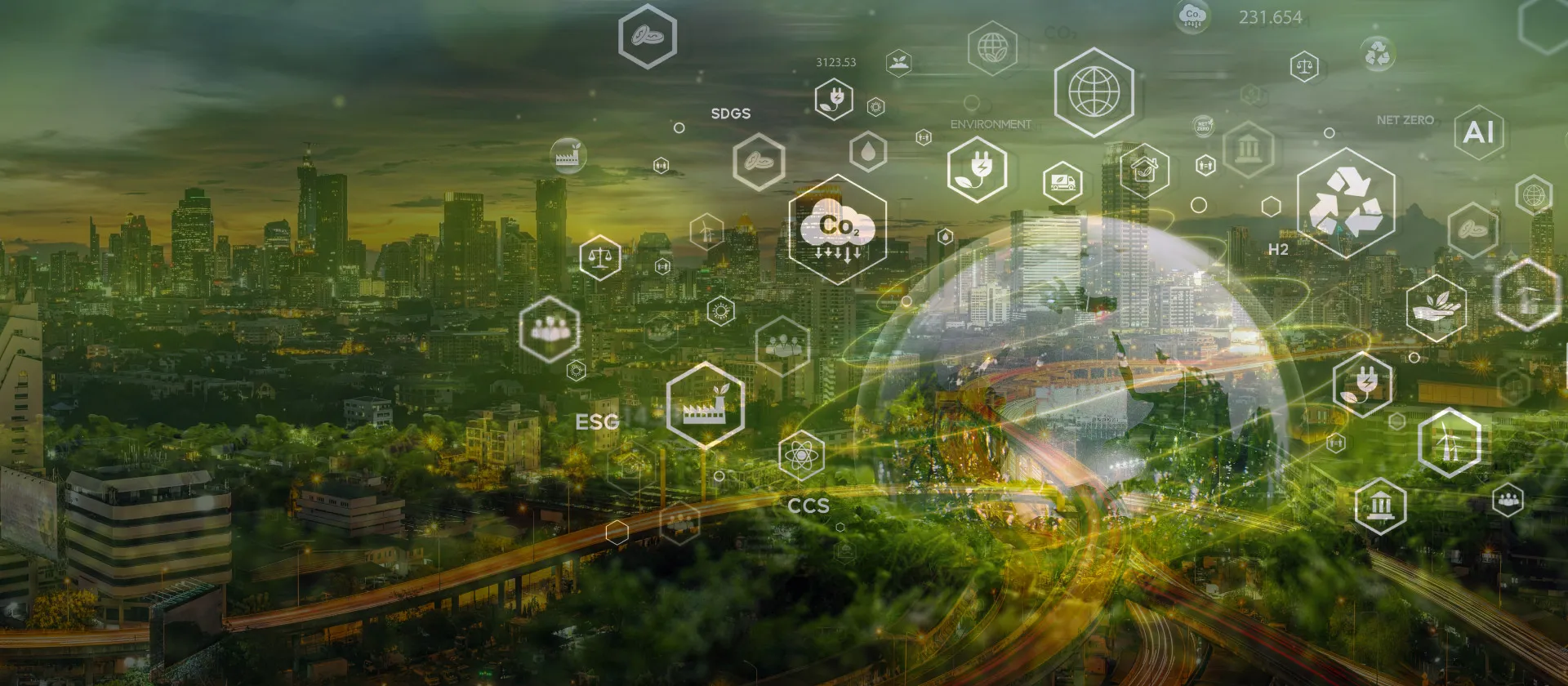 Modern city skyline overlaid with digital ESG and sustainability icons, representing smart, data-driven urban innovation.