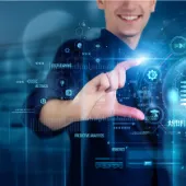 ai and advanced analytics services image showing a man engaging with artificial intelligence on a screen