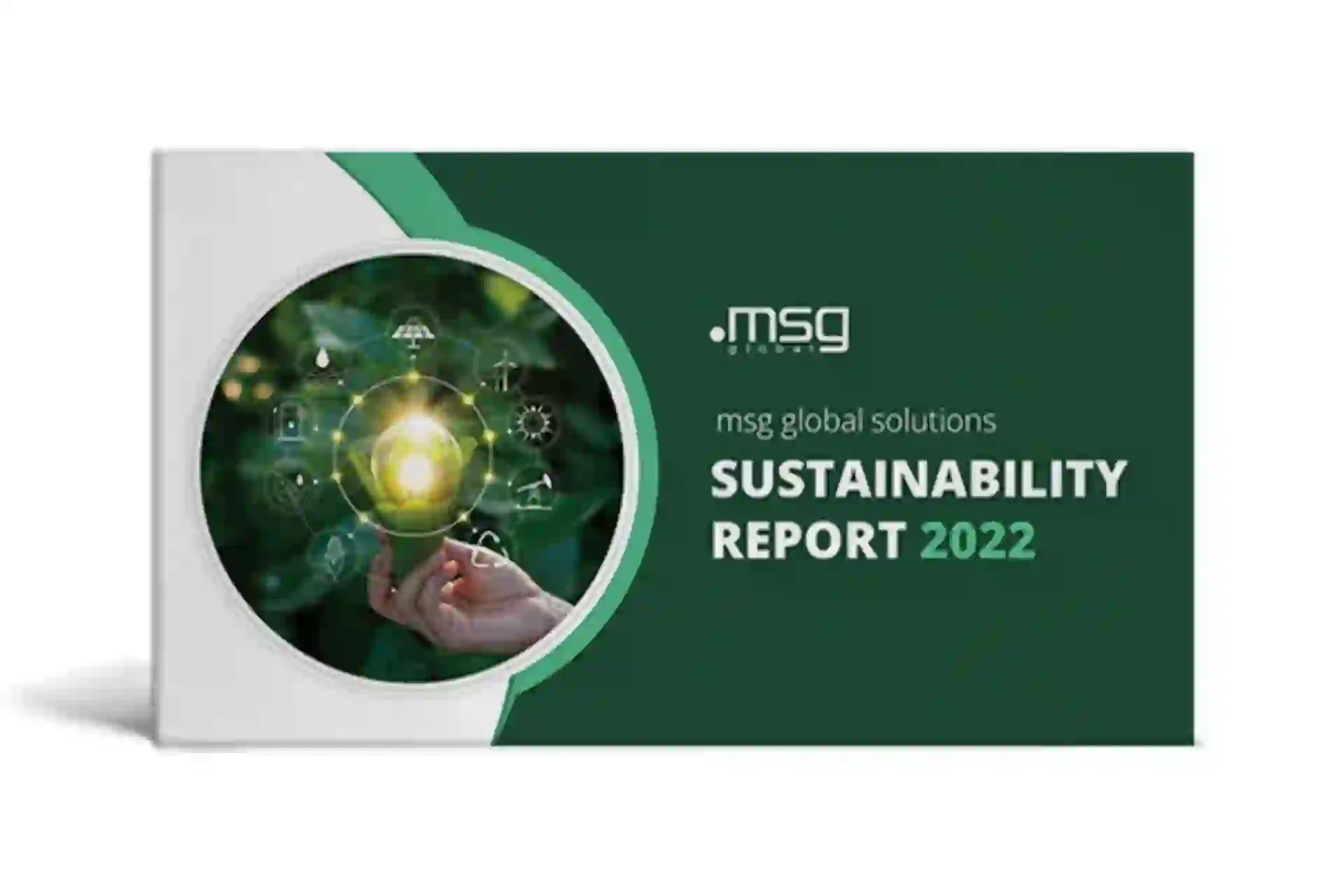 2022 sustainability report cover image green background with hand holding a lightbulb