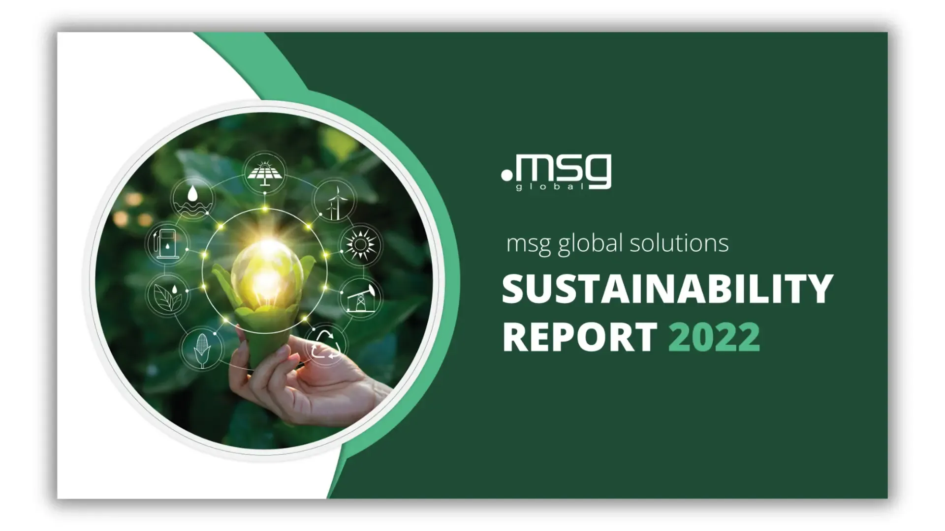 2022 sustainability report cover image green background with hand holding a lightbulb