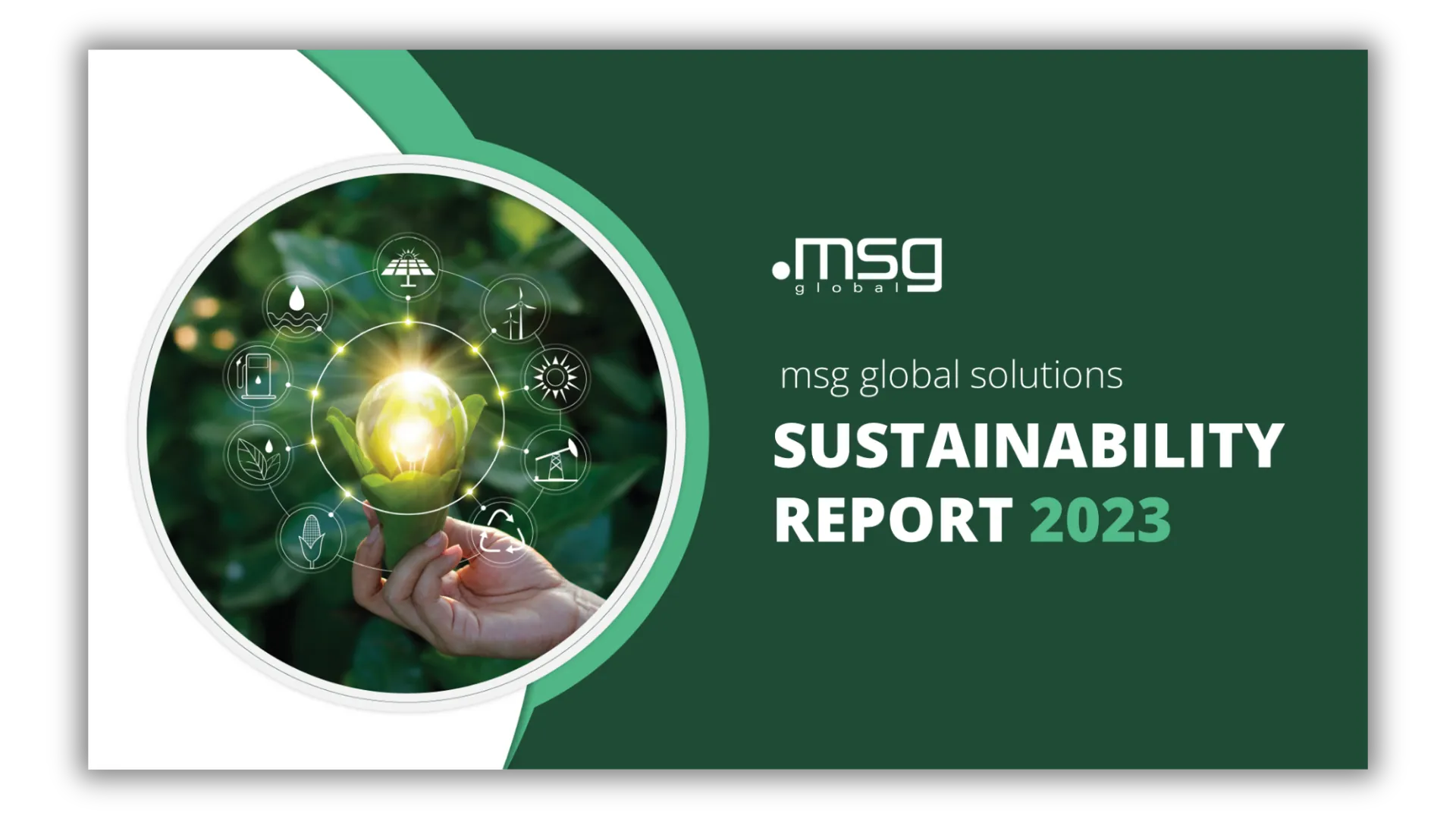 2023 sustainability report cover image green background with hand holding a lightbulb