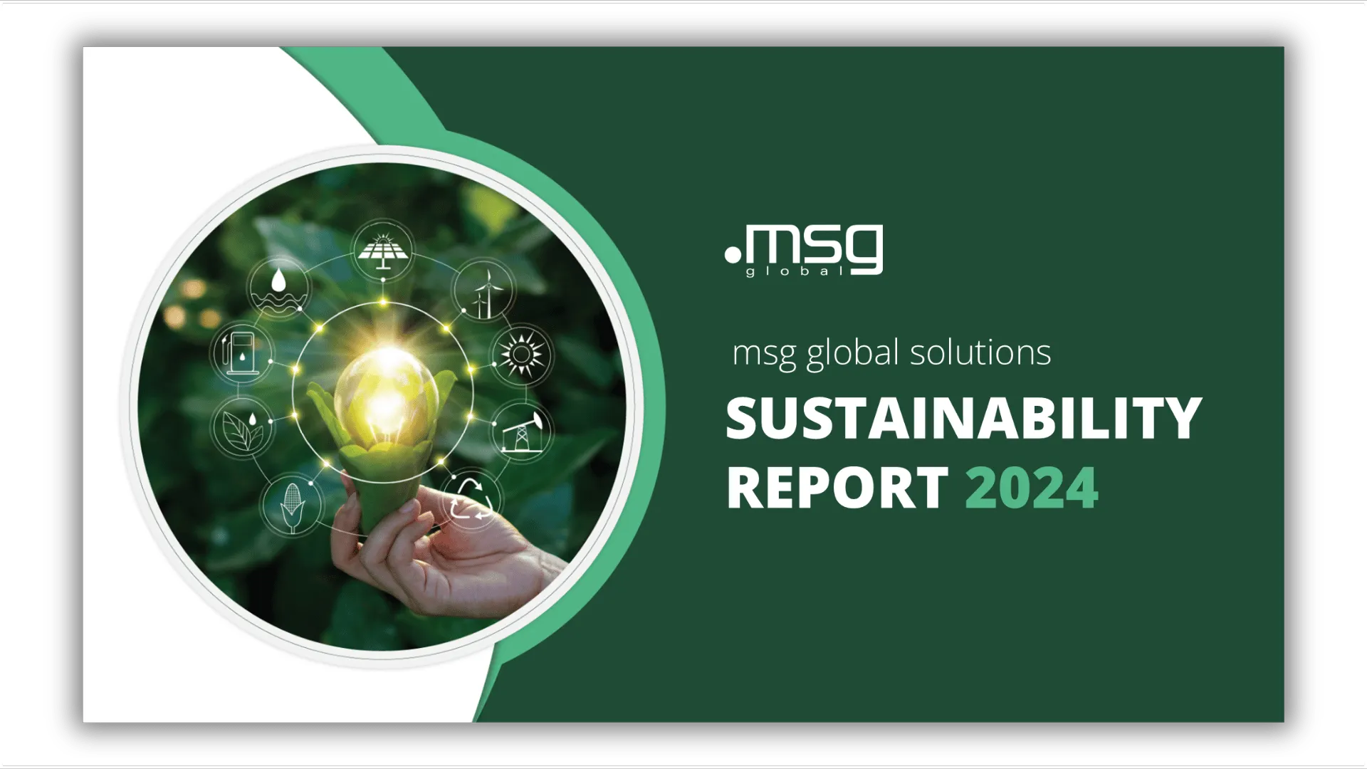 2024 sustainability report cover image green background with hand holding a lightbulb