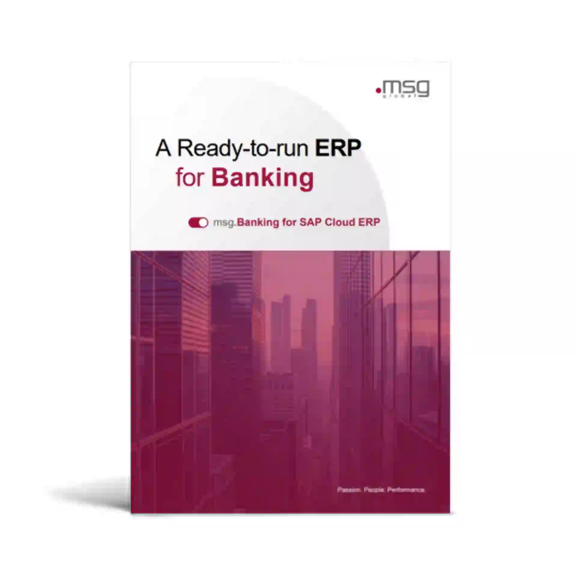 Flyer cover for msg's ready-to-run ERP for banking featuring S/4 Banking Public Cloud and a city skyline in red tones