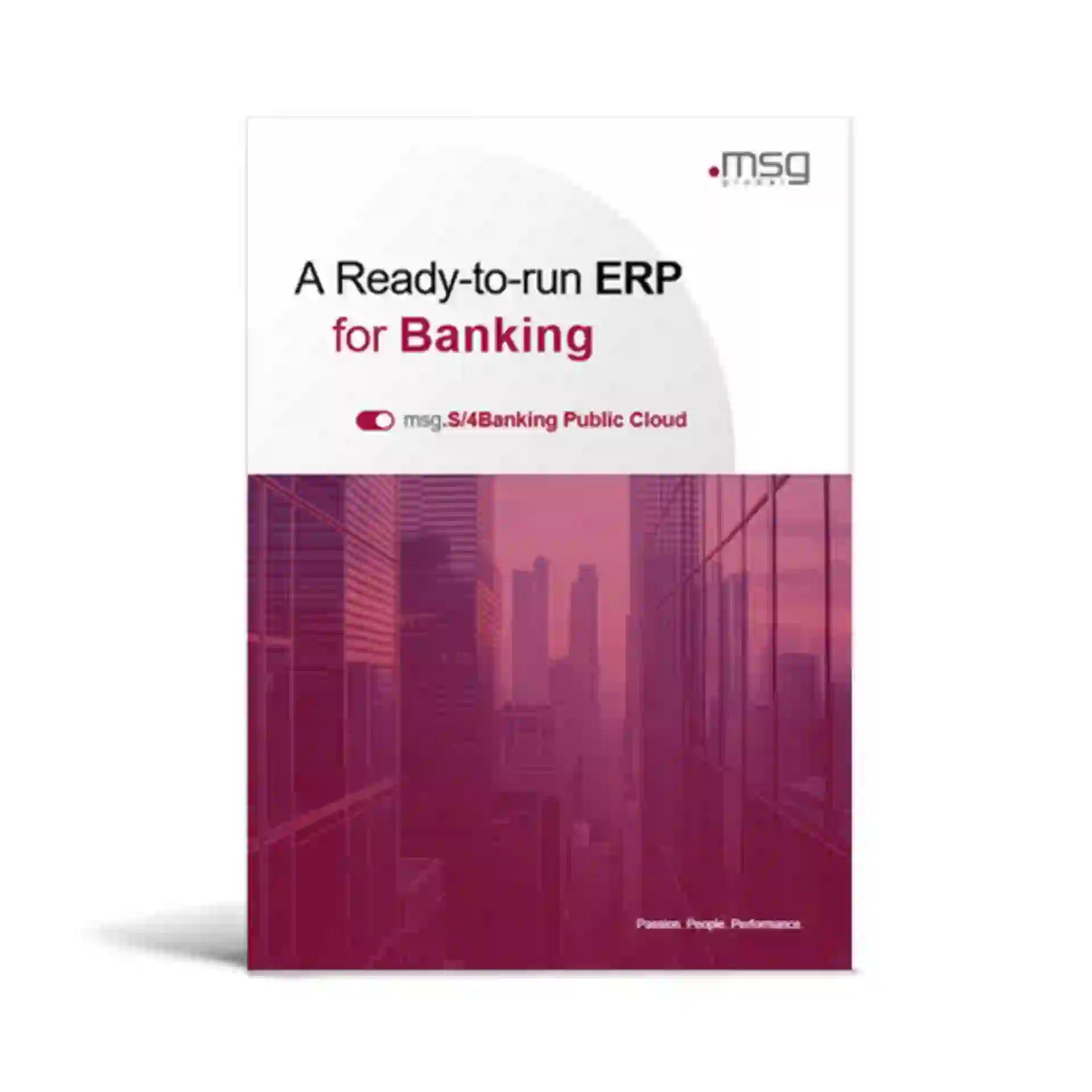 Flyer cover for msg's ready-to-run ERP for banking featuring S/4 Banking Public Cloud and a city skyline in red tones
