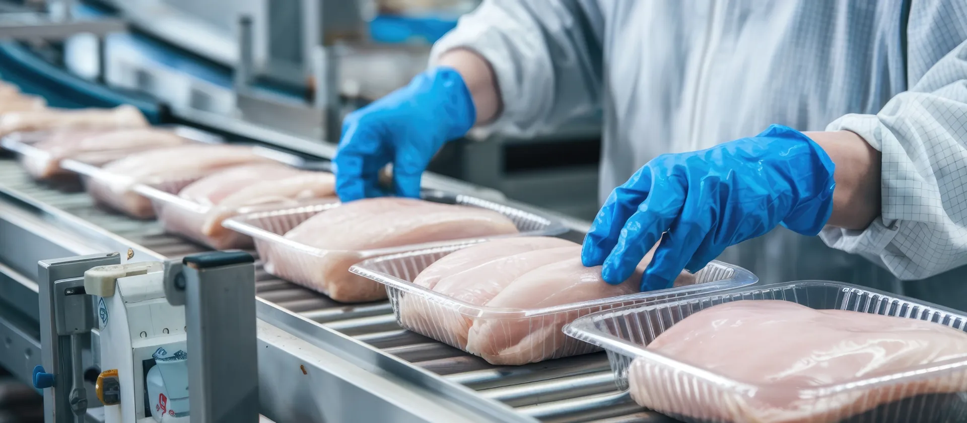 Worker in blue gloves packaging raw chicken breasts in plastic trays on a food processing production line