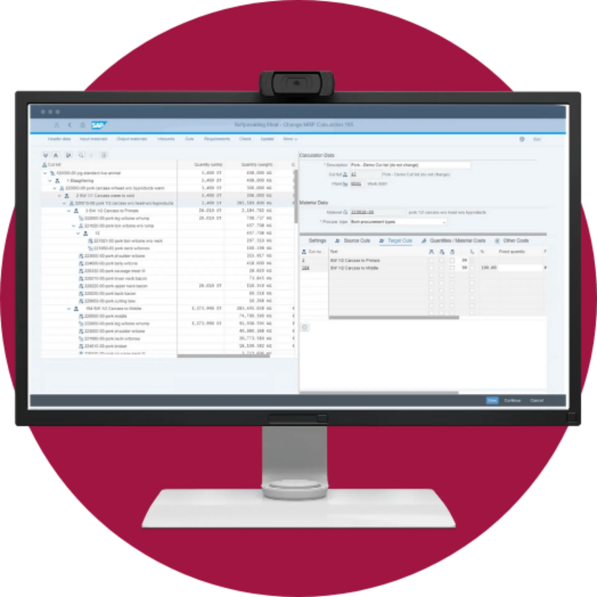 Computer screen showing SAP Meat Management software with MRP calculation and material planning interface