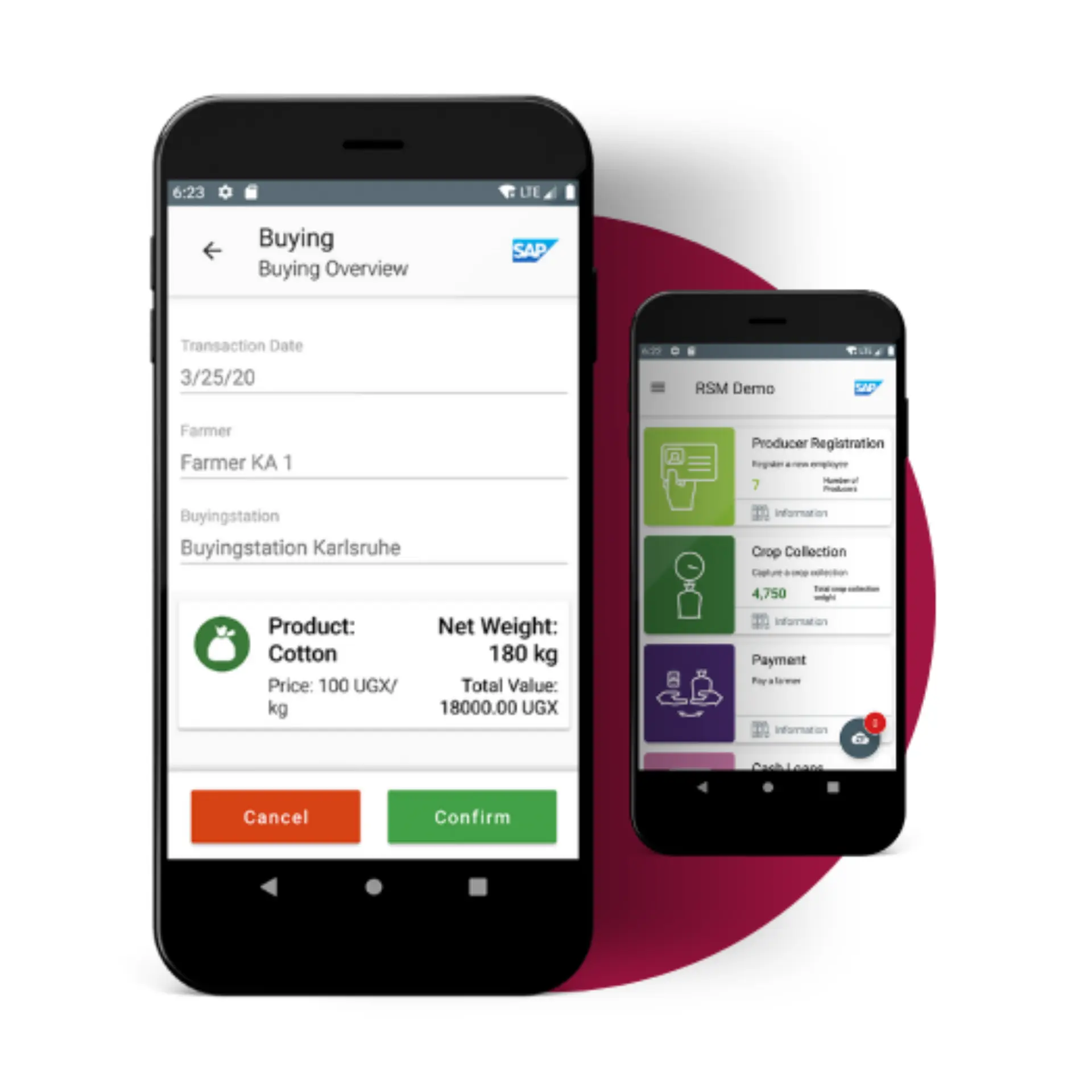 Smartphone screen showing SAP RSM Demo app with options for producer registration, crop collection, payment, and cash loans.