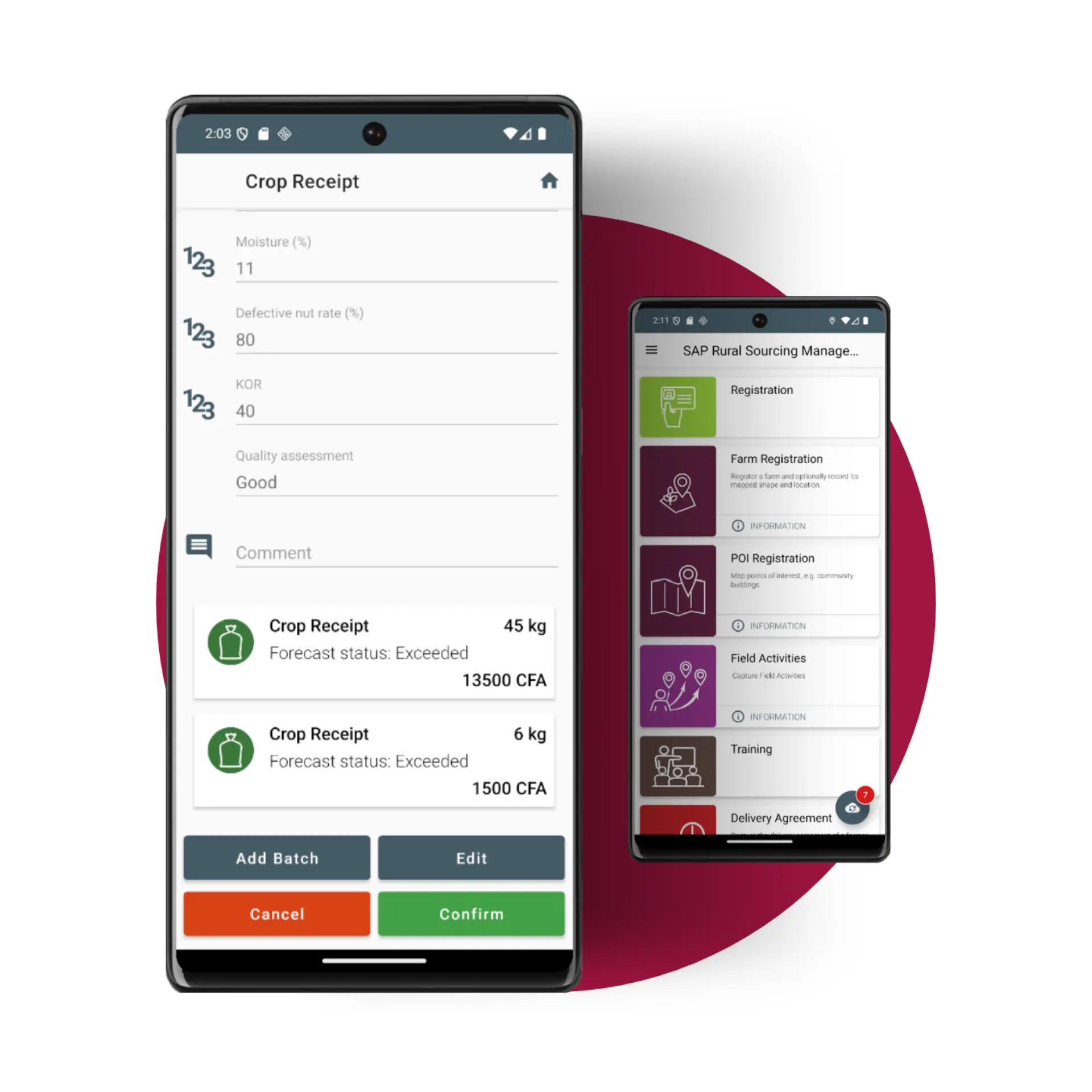 Smartphone screen showing SAP RSM Demo app with options for producer registration, crop collection, payment, and cash loans.
