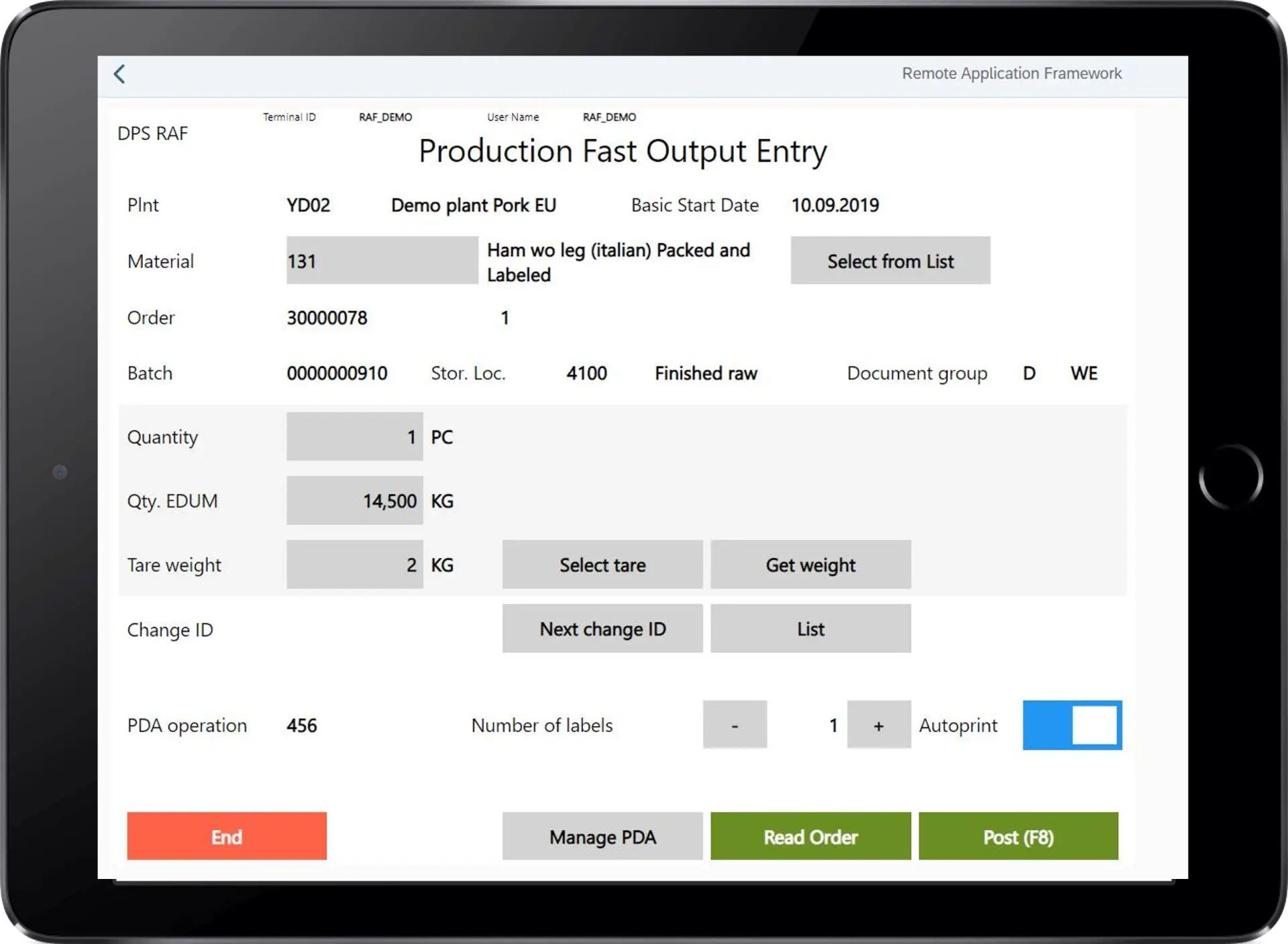 Shop floor label printing integration, showing production data entry and automated label generation.