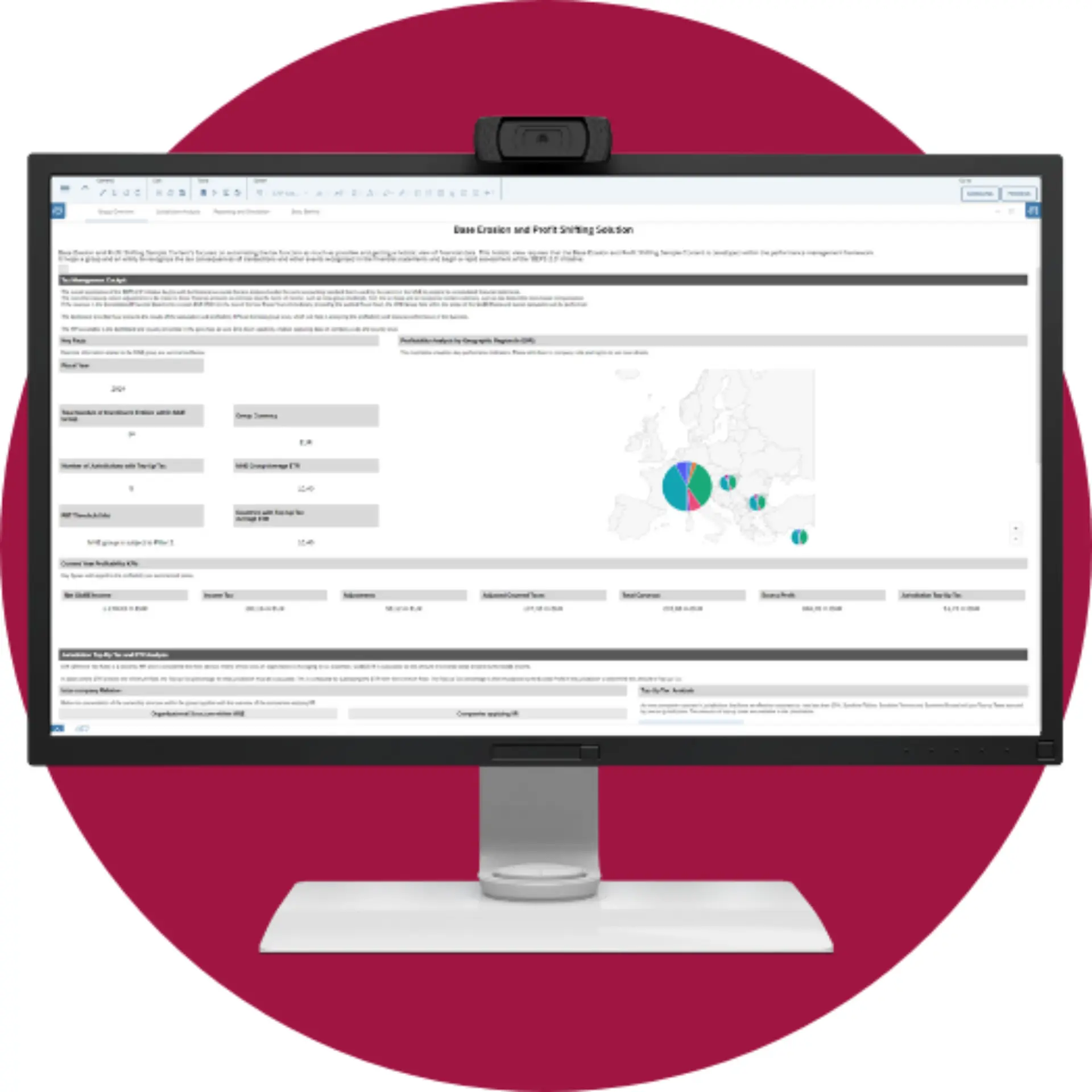 Computer screen showing BEPS 2.0 tax compliance software for base erosion and profit shifting with data tables and charts