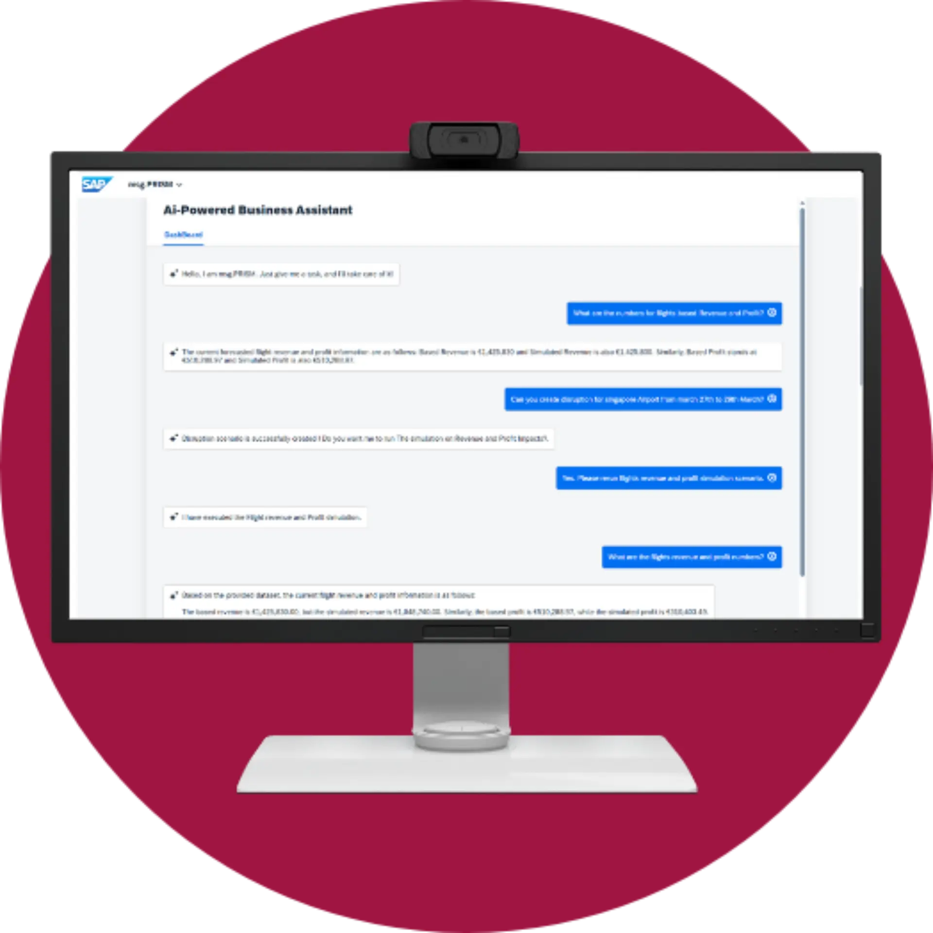 Desktop monitor displaying msg.KIRA an SAP AI-powered business assistant dashboard with conversational dialogue about SAP PaPM