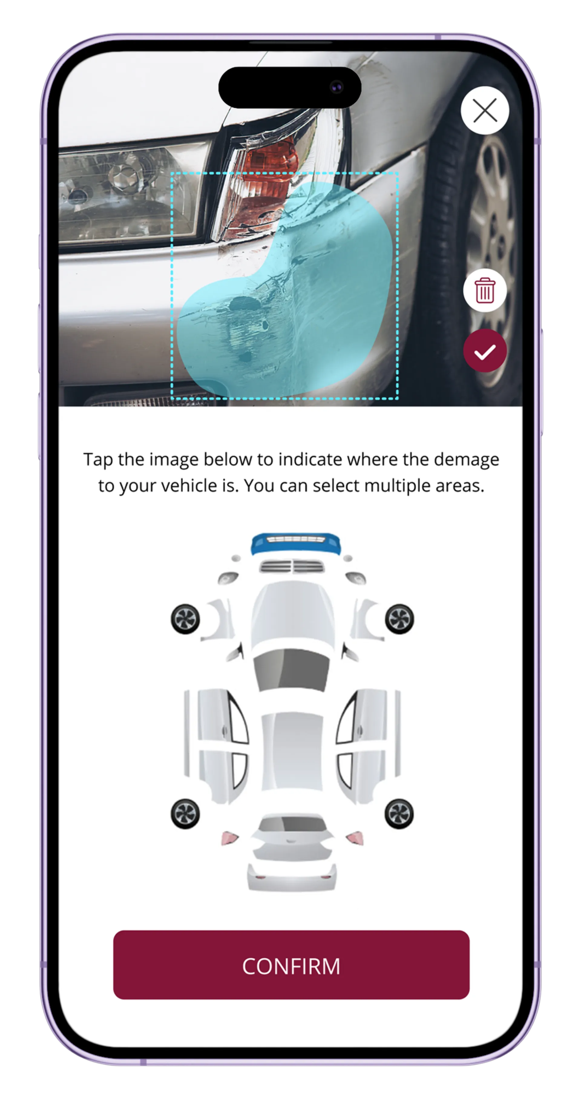 Smartphone showing a vehicle damage reporting app with highlighted area on a car image and diagram for selecting damaged parts.