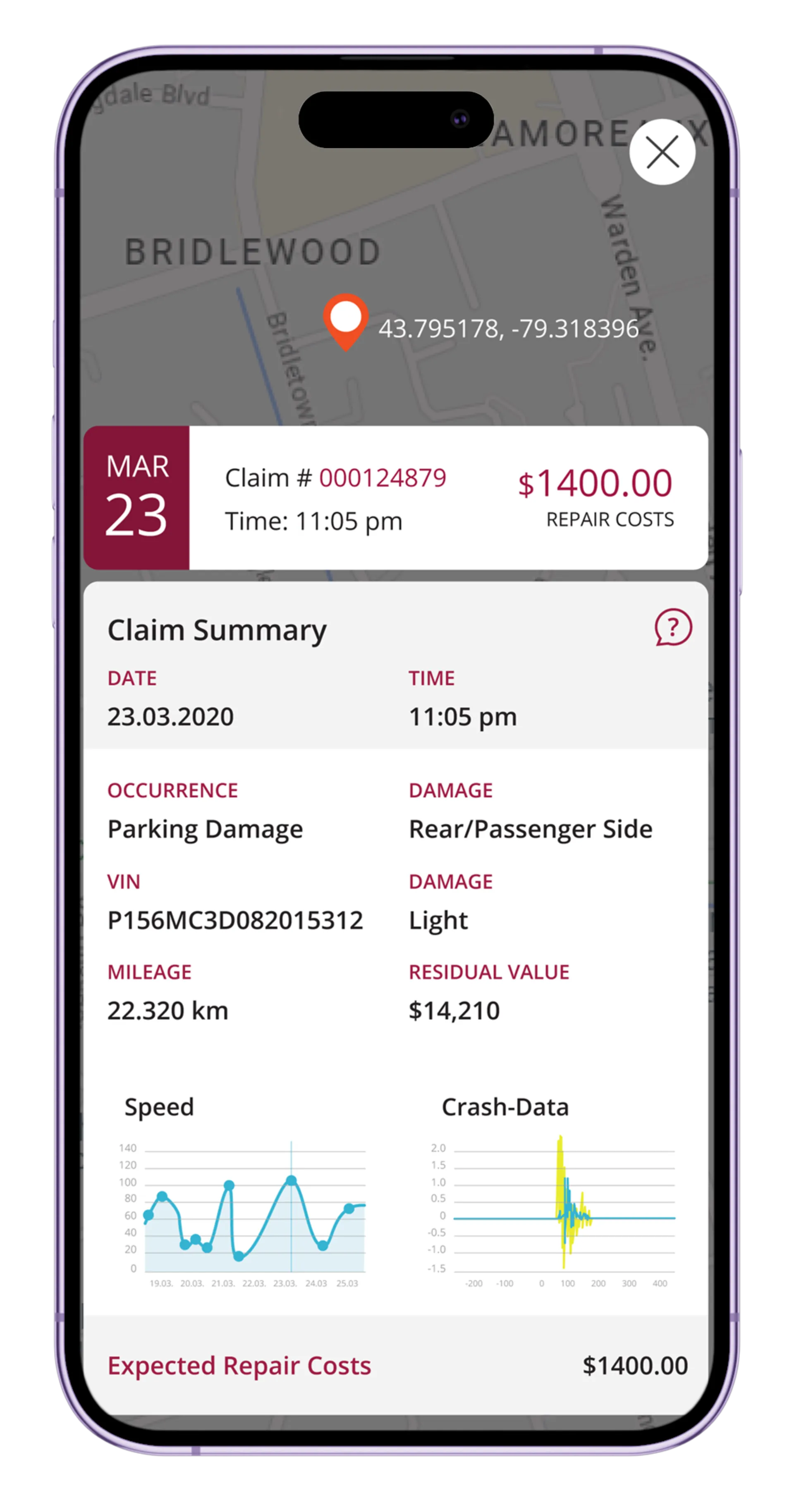 Smartphone screen showing a vehicle claim summary with location, damage details, cost estimate, and crash data charts.