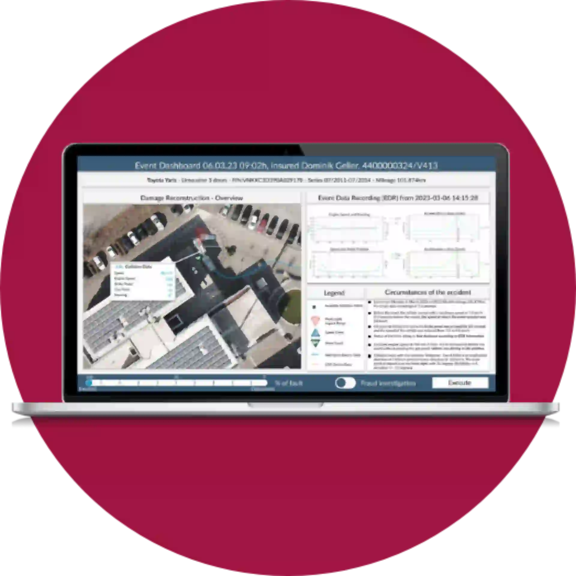 msg.edr car accident damage reconstruction dashboard showing telematics, event data recorder (EDR) graphs, and collision analysis