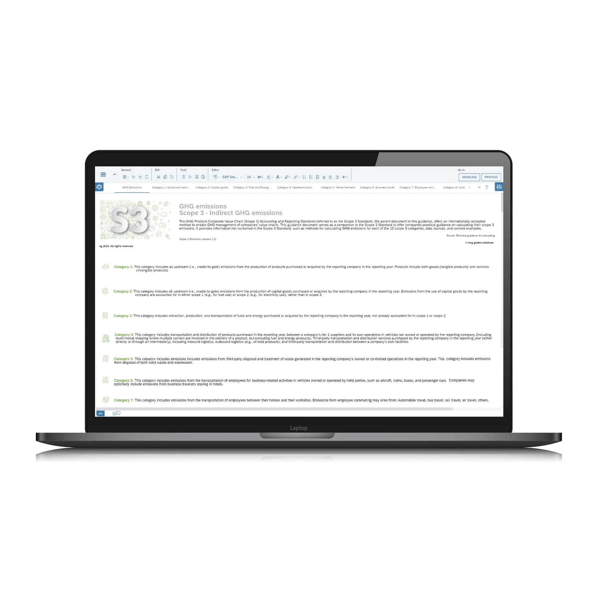Laptop screen showing SAP ESG Scope 3 indirect GHG emissions report with categories and sustainability disclosures