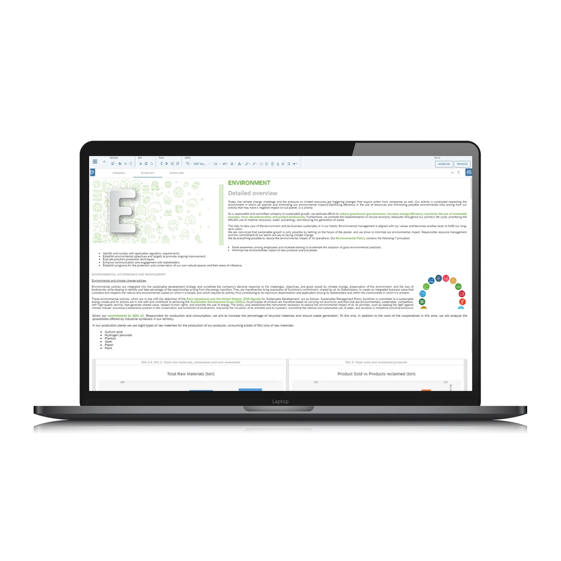 Laptop screen displaying SAP ESG environmental report with sustainability metrics, governance notes, and performance charts